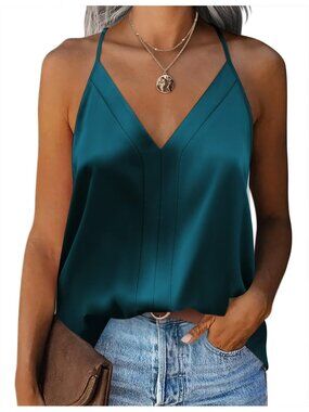 Women's Blue Green Sleeveless V Neck Silk Satin Causal Pull On Blouse Tank Tops